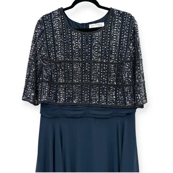 Mac Duggal NEW Chiffon Gown w/ Fully Beaded 3/4 Sleeve Top Navy $598 - Size 18 - Picture 6 of 13